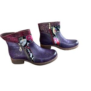 Socofy Womens Purple Embossed Leather Floral Ankle Boots Boho Booties 37 US 6.5